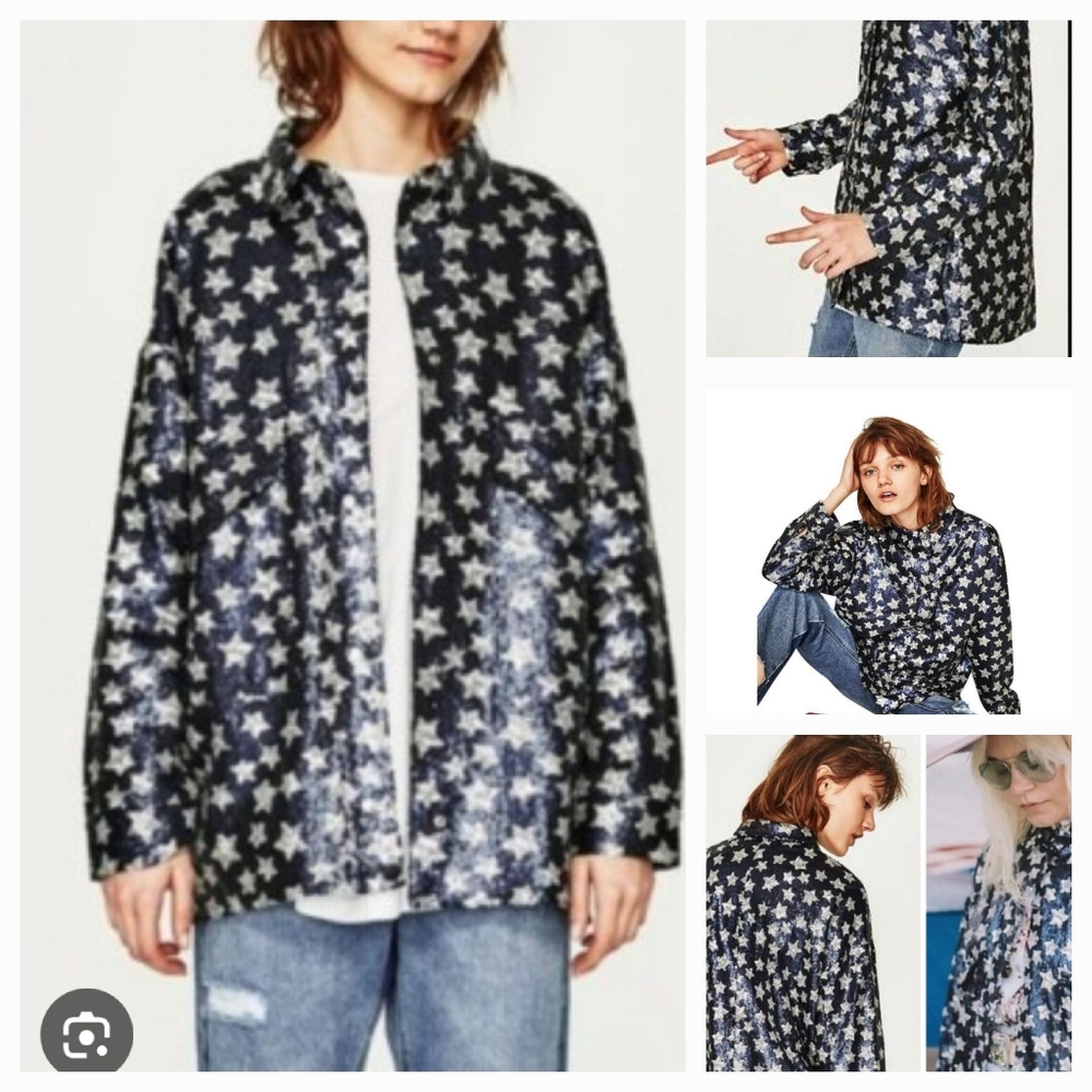 ZARA sequined star BLOGGER FAV! lined snap shirt jacket  2 large patch pockets - Picture 6 of 17